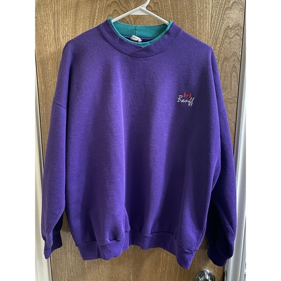 Vintage Banff Canada Vacation Sweater Purple Aqua Green Collar Embroidered Sz L - Picture 1 of 15